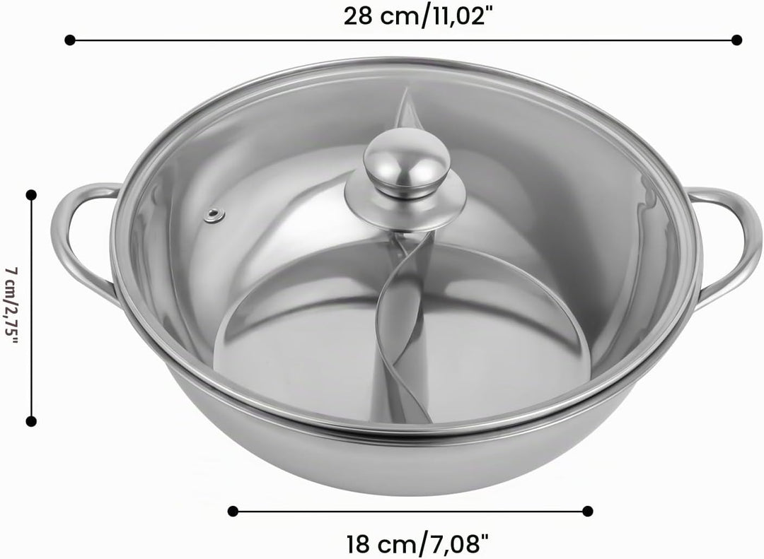 TONFEION Hot Pot Topf Dualer Hotpot heisser Topf Edelstahl mit Glasdeckel und Unterteilungen, Doppel