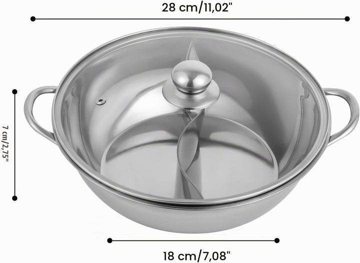 TONFEION Hot Pot Topf Dualer Hotpot heisser Topf Edelstahl mit Glasdeckel und Unterteilungen, Doppel