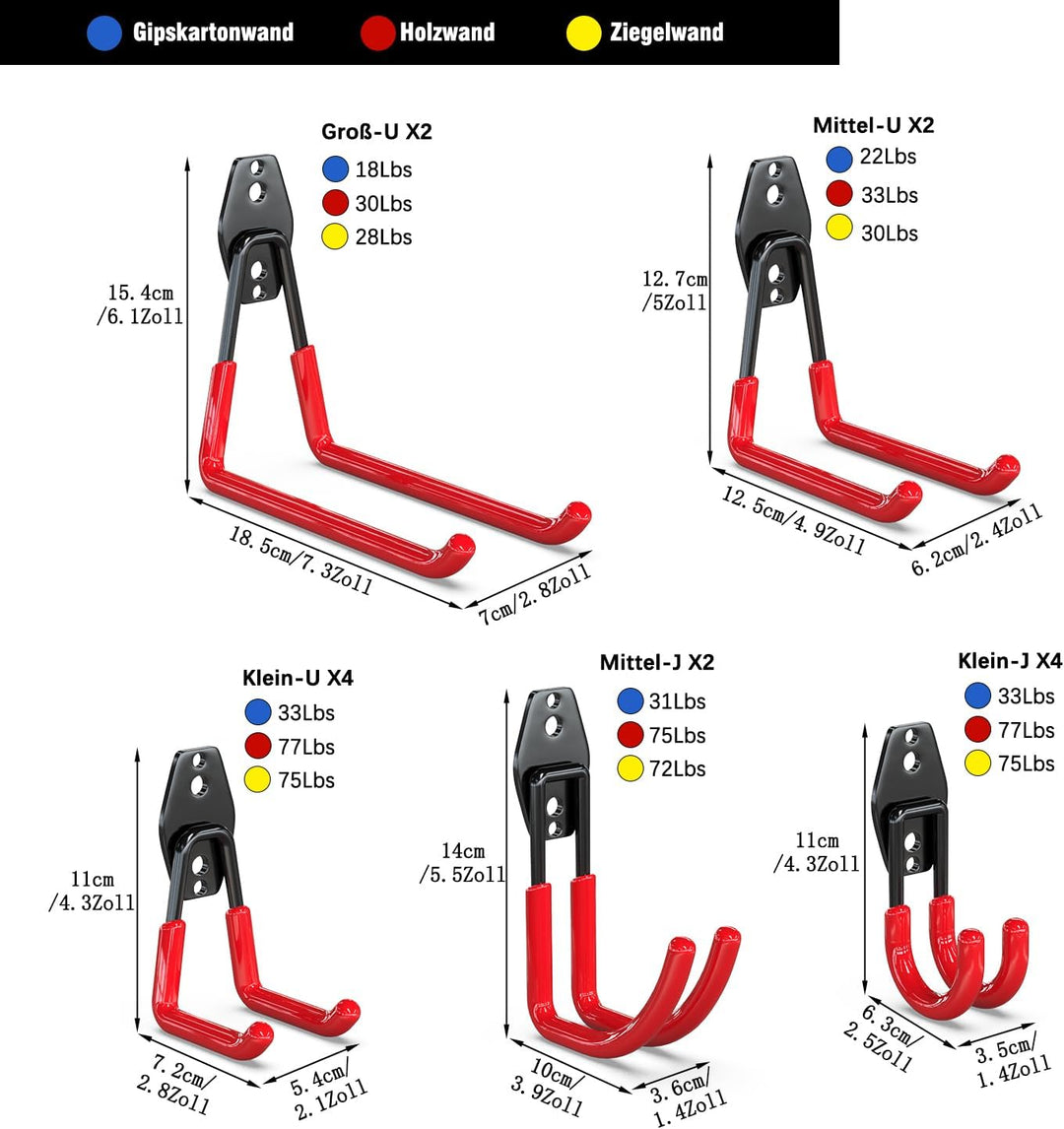 3-H 14 Stück Wandhaken Garage Haken Schwerlast Doppelhaken Multi Grösse Garage Storage Hooks für Lei