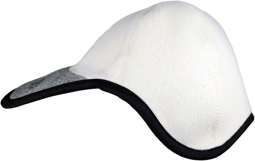 SAUNA Saunahut, Baseballkappen-Form, 100% Schafwolle, Weiss-Grau, mit Saunatub-Stickerei