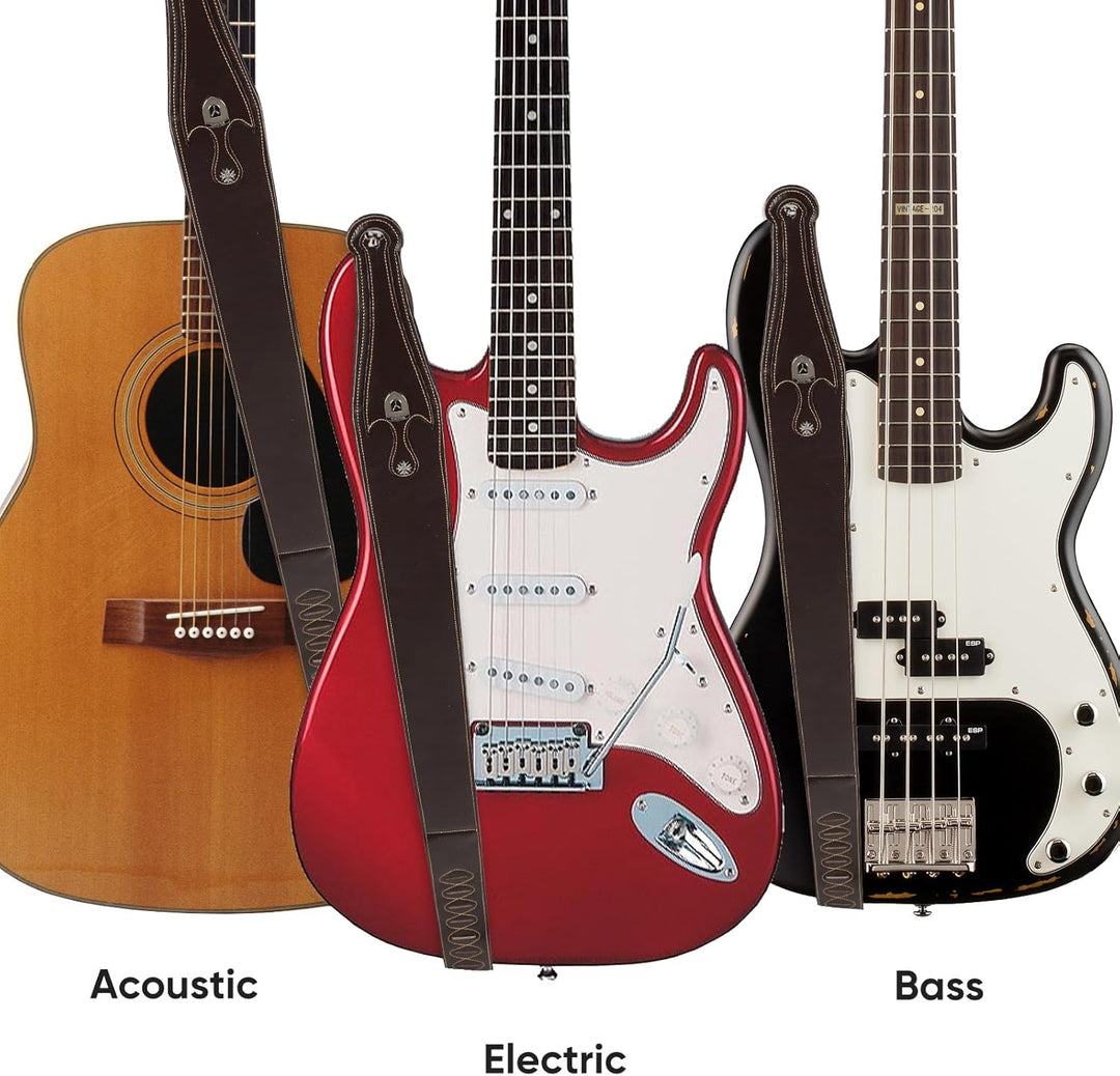 YUEKO Gitarrengurt aus Rindsleder, verstellbar, genarbtes Leder, gepolsterter Schultergurt für Akust