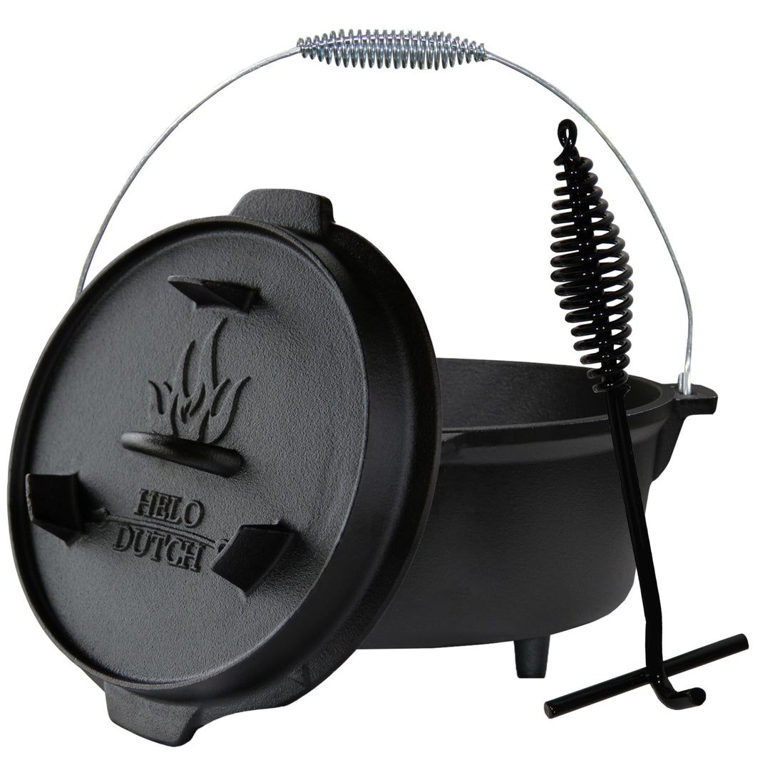 Dutch Oven Set Gusseisen 1,8L-13,6L – Feuertopf mit Deckelheber, Schmortopf mit & ohne Füsse, Schlit
