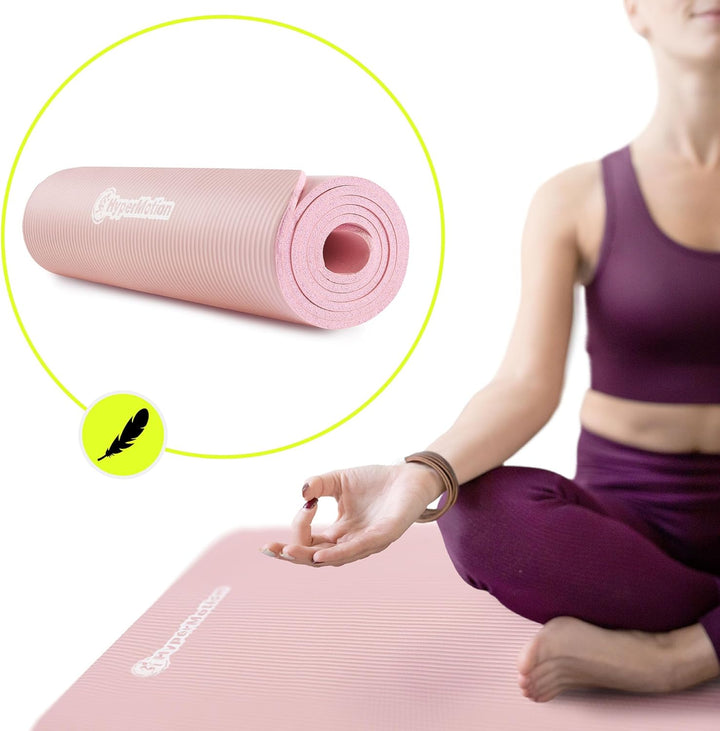 HyperMotion Yogamatte Fitnessmatte NBR 183x61x0,8 cm Rosa, Rutschfest 8 mm, mit Tragegurt und Stretc