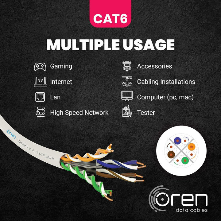 Oren CAT6 100m Ethernet Kabel Weiss - Schlank - 23 AWG Reines Kupferdraht - 250 MHz Bandbreite UTP I