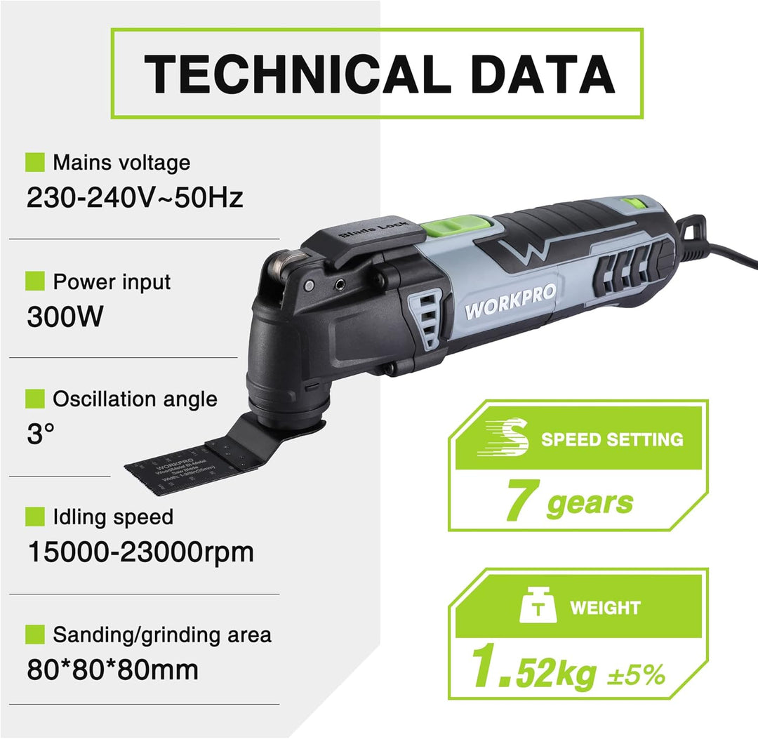 WORKPRO 300W Multifunktionswerkzeug, Oszillierende Säge mit 17 Zubehör und Aufbewahrungstasche, 7 Dr