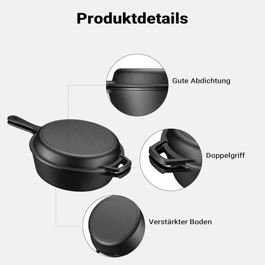 Wiltec 2in1 Dutch Oven 42 x 26 x 12 cm Grilltopf aus Gusseisen, Schmortopf mit Doppelfunktion 4,6L,