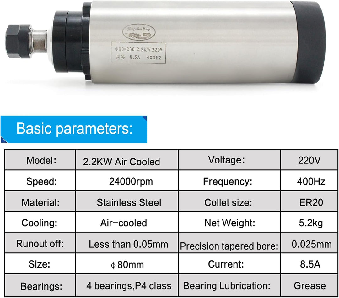 RATTMMOTOR 2.2kW 220V Luftgekühlten Spindelmotor mit 14 Stück ER20 Spannzange und 2.2kW 220V VFD Fre