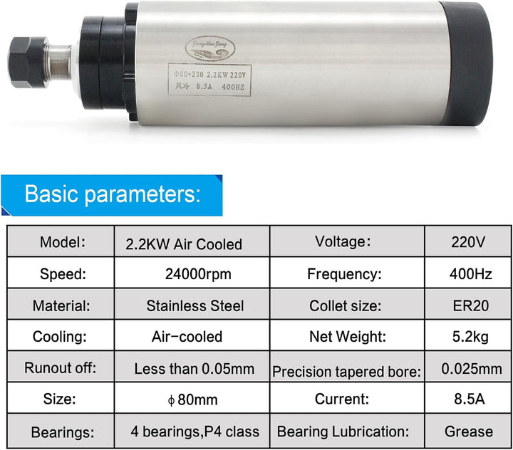 RATTMMOTOR 2.2kW 220V Luftgekühlten Spindelmotor mit 14 Stück ER20 Spannzange und 2.2kW 220V VFD Fre