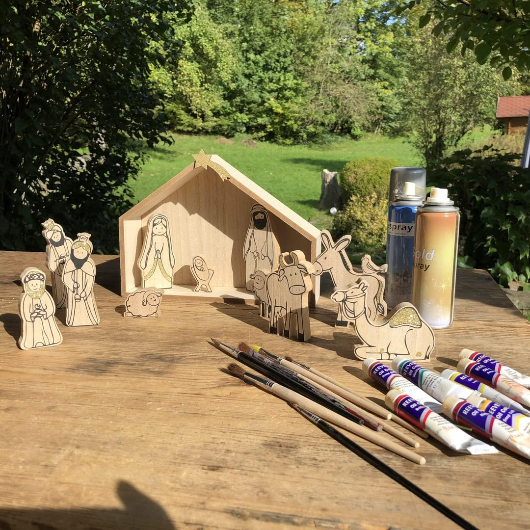 13-tlg. Set Weihnachtskrippe aus Holz mit Figuren - 25 x 19 x 6 cm (L/B/T) Krippe aus Holz - Tischkr
