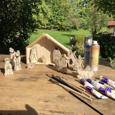 13-tlg. Set Weihnachtskrippe aus Holz mit Figuren - 25 x 19 x 6 cm (L/B/T) Krippe aus Holz - Tischkr