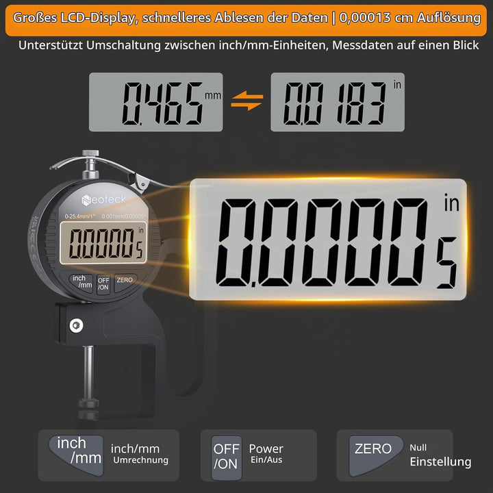 Neoteck Tragbares Digitales Dickenmessgerät 0-25,4 mm Messbereich 0,001/0,00005 &