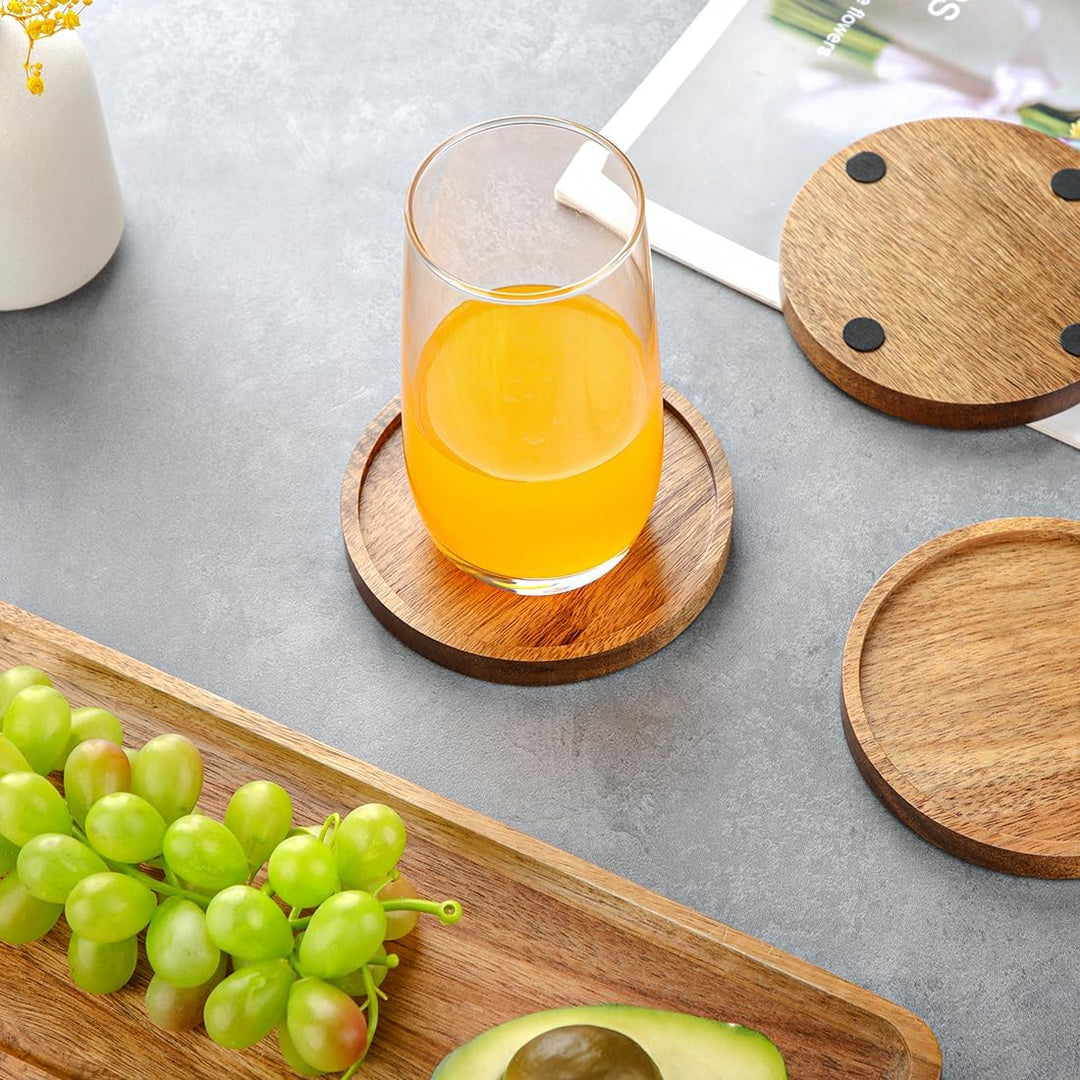 Untersetzer Gläser Holz 6er Set, Glasuntersetzer Holz mit Halter, Akazienholz Untersetzer Rund für G