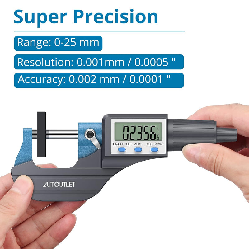 AUTOUTLET Micrometer Digitale Bügelmessschraube 0-25mm/ 0.001mm, Hohe Präzision LCD Digitale Mikrome