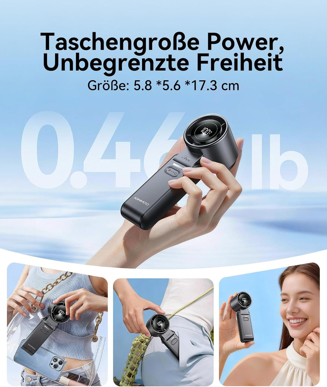 KIMMOO 3-in-1 Turbo-Handventilator – 100 Geschwindigkeiten, 20000 U/min, 12 Std. Kühlung, Digitaldis