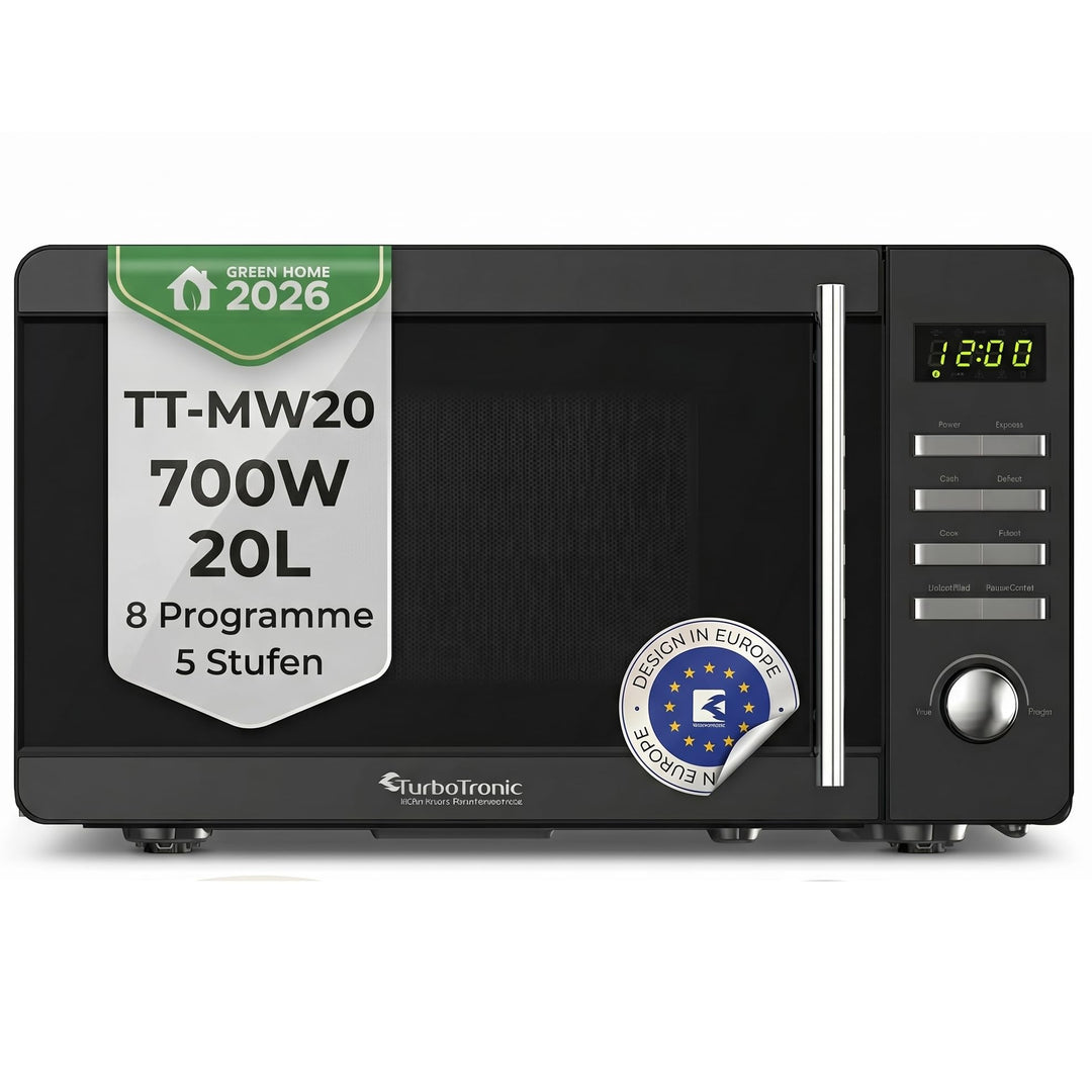 TurboTronic TT-MW20 Digitale Mikrowelle | 700W 20L Edelstahl-Look | 5 Leistungsstufen, 8 Automatikpr