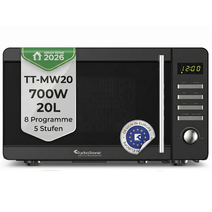 TurboTronic TT-MW20 Digitale Mikrowelle | 700W 20L Edelstahl-Look | 5 Leistungsstufen, 8 Automatikpr