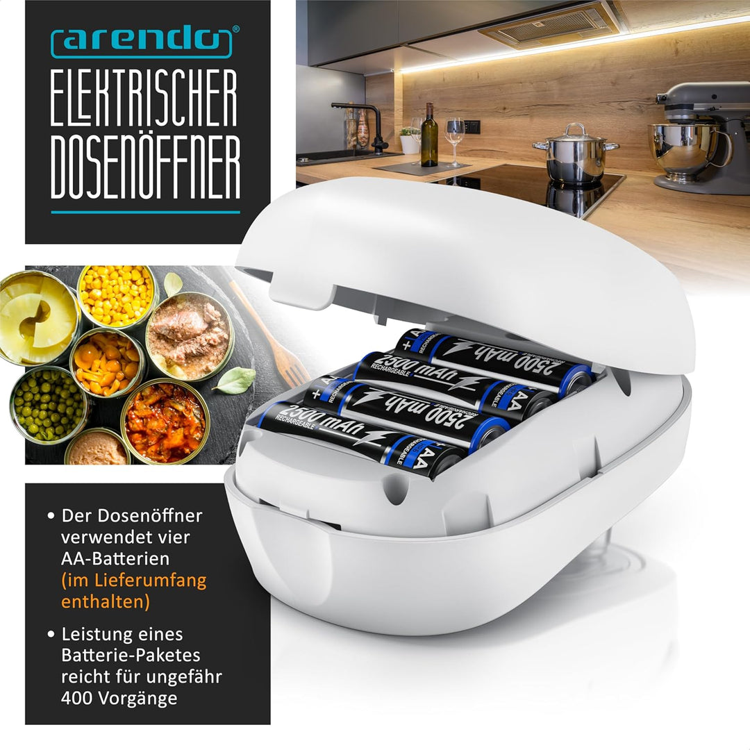 Arendo - Elektrischer Dosenöffner One Touch - mit automatischer 360° Drehung - Öffnung ohne scharfe