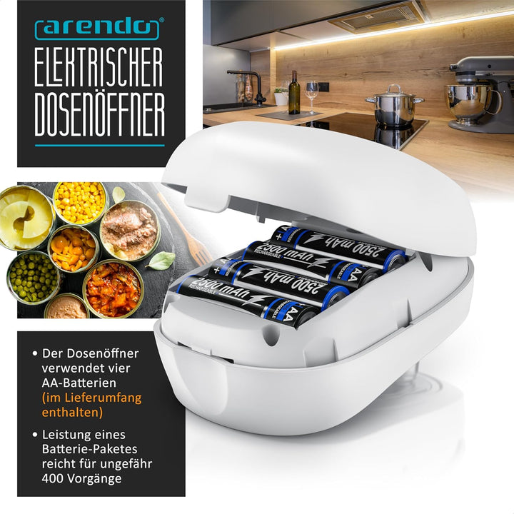 Arendo - Elektrischer Dosenöffner One Touch - mit automatischer 360° Drehung - Öffnung ohne scharfe