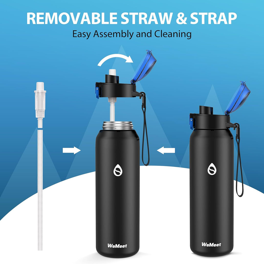WEMEET 1000ml Trinkflasche Edelstahl mit Abnehmbare Strohhalm, [18/10 Edelstahl] BPA-frei Edelstahlf
