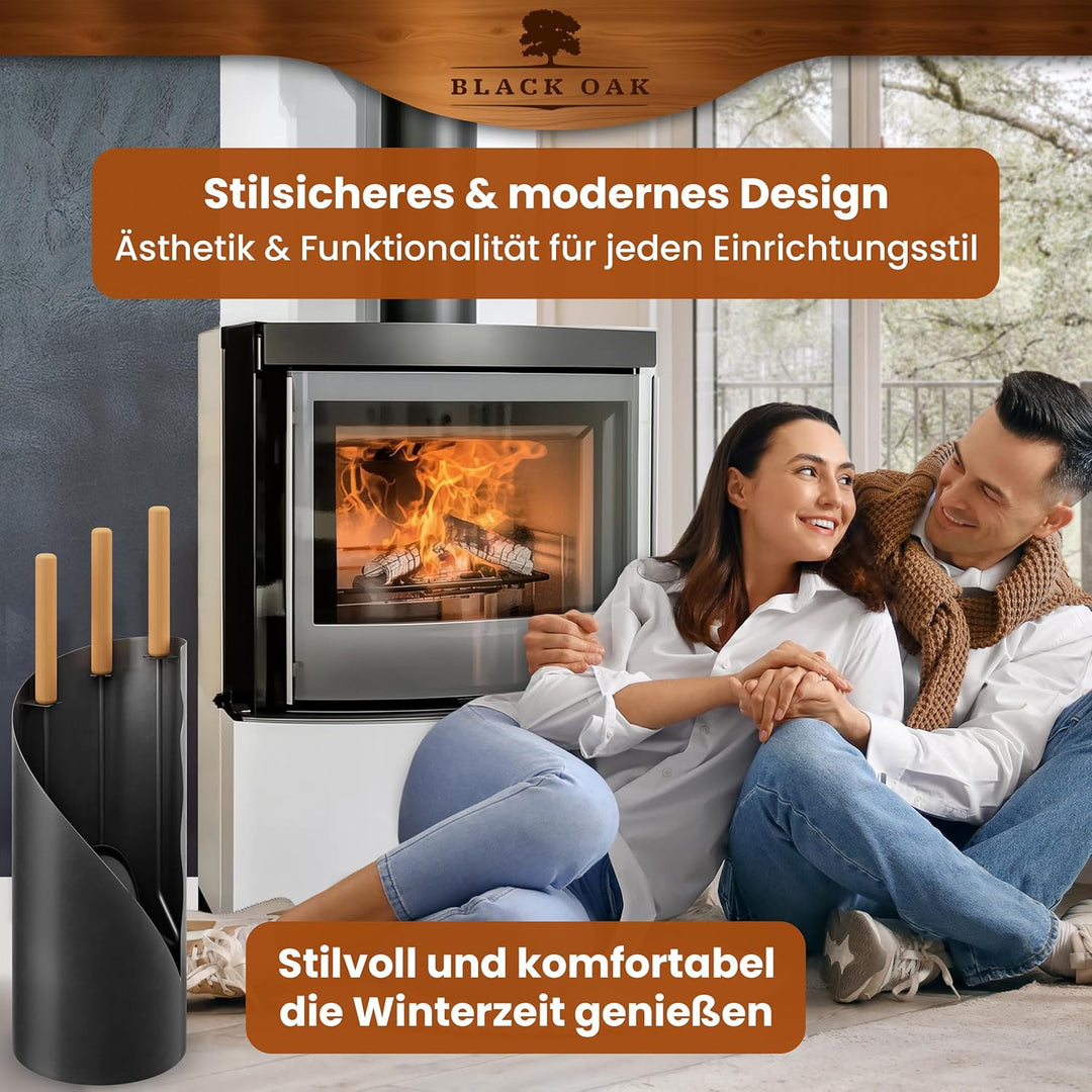 BLACK OAK Kaminbesteck VAIL 4-teilig - modernes Ofenbesteck Set schwarz mit Holzgriff 4 teilig mit S
