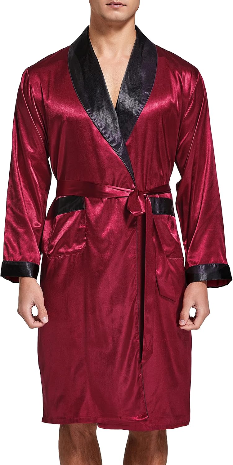 Herren Satin Bademantel, Leichter Seiden Langarm Bademantel mit Shorts Set, Spa Kimono Nachtwäsche X
