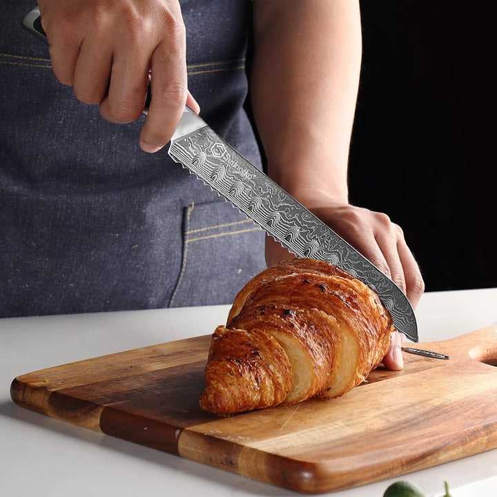 Sunnecko 20cm Brotmesser mit Wellenschliff - Damastmesser mit ergonomischem Griff, Brötchenmesser Br