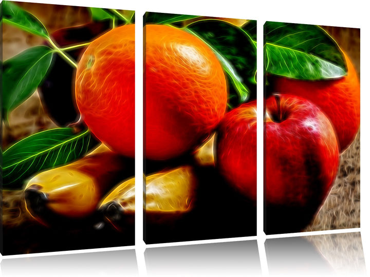 Pixxprint verschiedenes Obst Neon Lights Effekt 3-Teiler Leinwandbild 120x80 Bild auf Leinwand