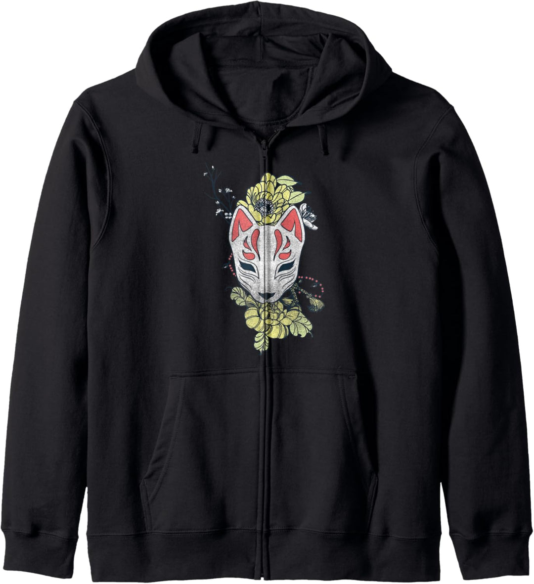 Japanischer Fuchsgeist Kitsune Maskenkostüm mit Sakura-Blume Kapuzenjacke