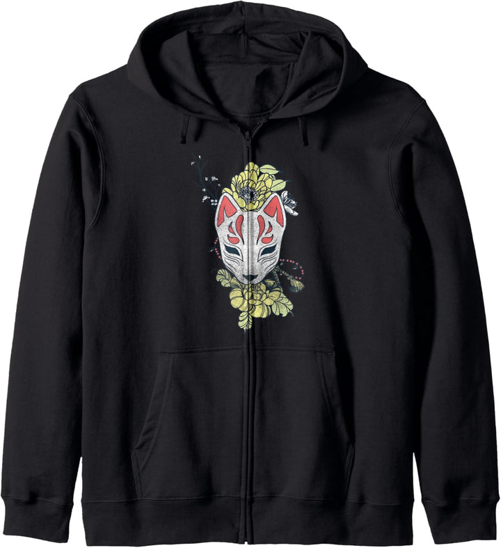 Japanischer Fuchsgeist Kitsune Maskenkostüm mit Sakura-Blume Kapuzenjacke
