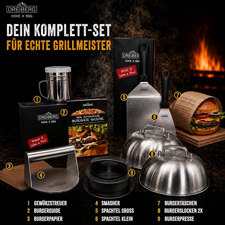 Burger Set aus Edelstahl inkl. Grillspachtel Set, Schmelzglocken, Burgerpresse, Smasher, Gewürzstreu