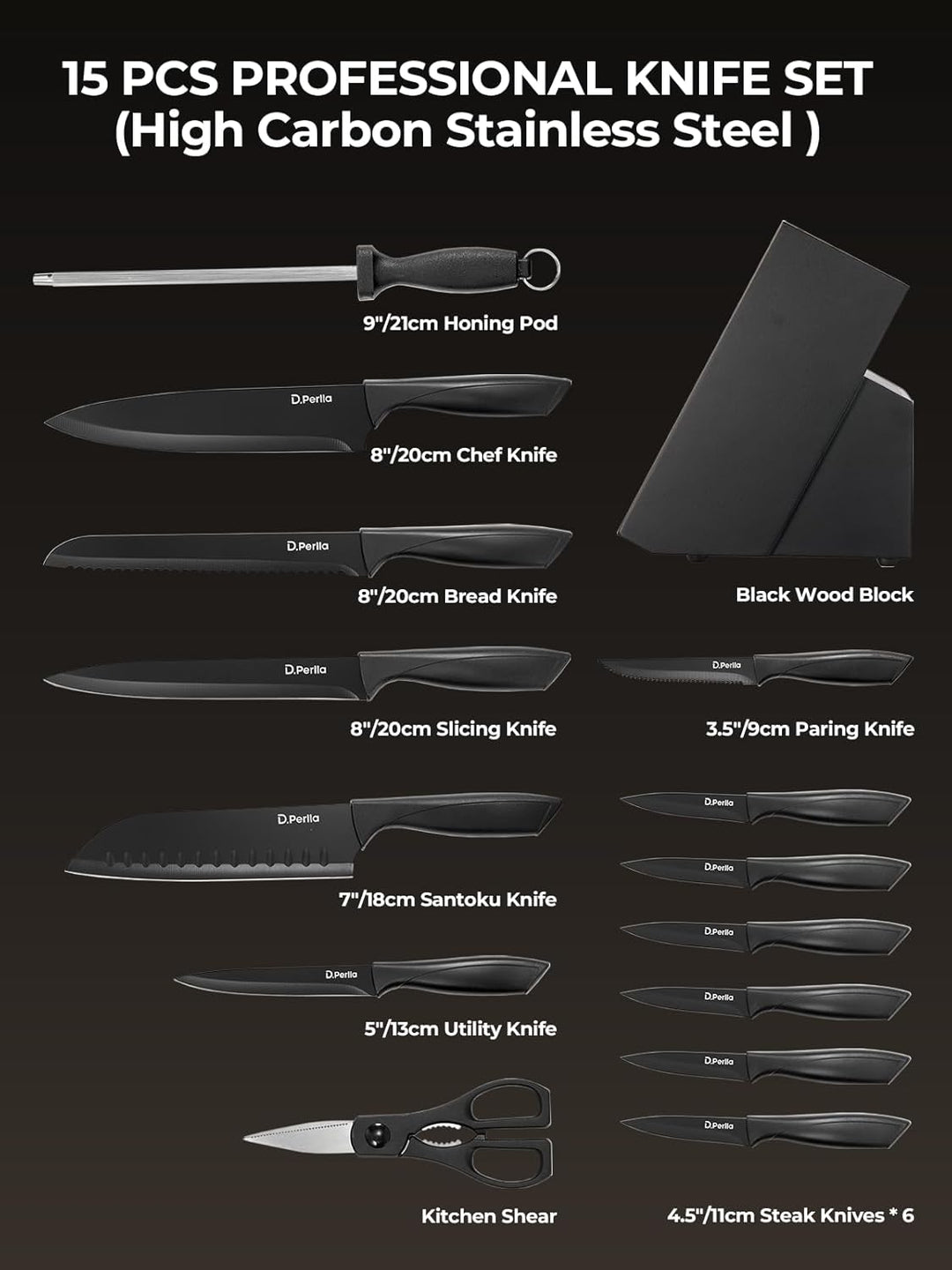 D.Perlla Messerblock, 15-TLG Scharf Edelstahl Messerblock Set mit Kunststoff-Griff und Holzblock, Me
