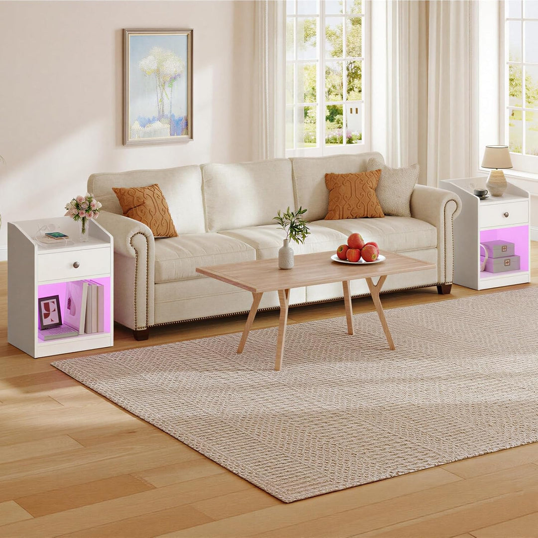 HOOBRO Nachttisch mit Ladestation und LED-Beleuchtung, schmaler Beistelltisch mit Schublade, moderne