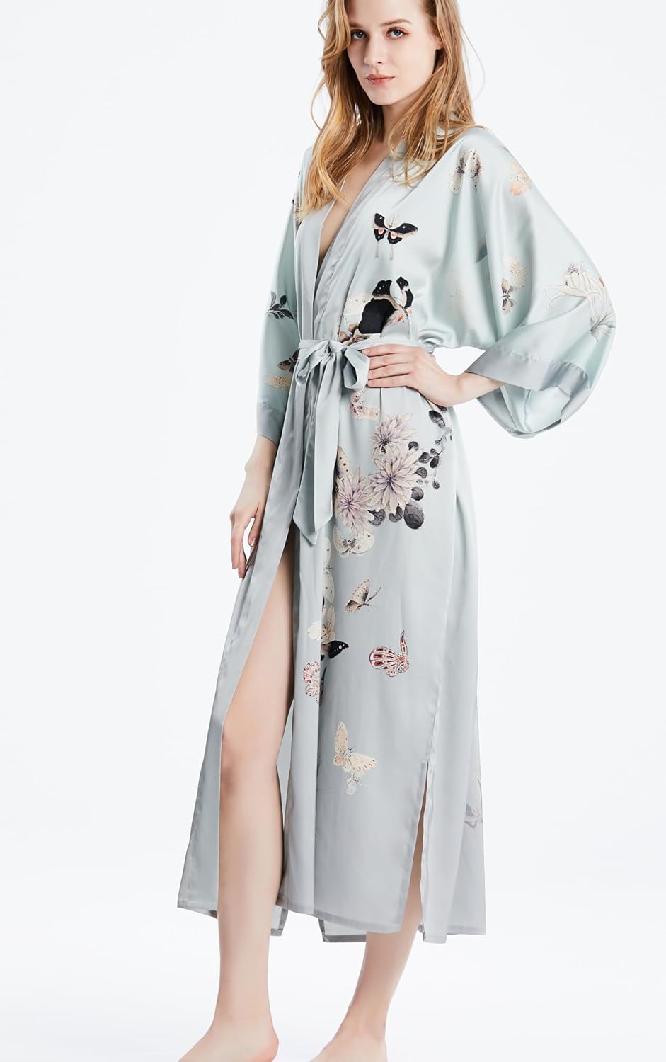 Prettystern Damen Boden-lang 100% Seide Satin Seidenmantel Kimono Morgenmantel Nachtkleid Yukata Rob