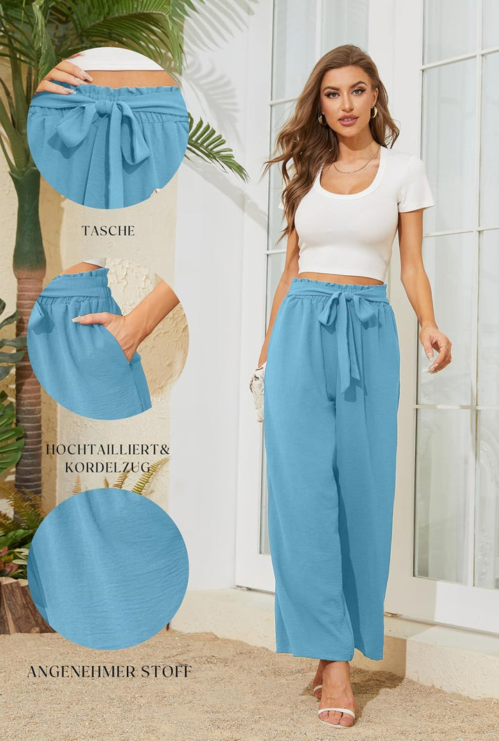 Actcat Damen Hose mit weitem Bein Leicht und Elegant Elastischer Bund Sommerhose mit Taschen für Leg