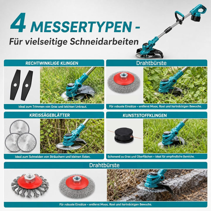 Akku Rasentrimmer &amp; Freischneider, 21V Rasenkantenschneider mit 2 Akkus, Schnittbreite 23 cm, Verste