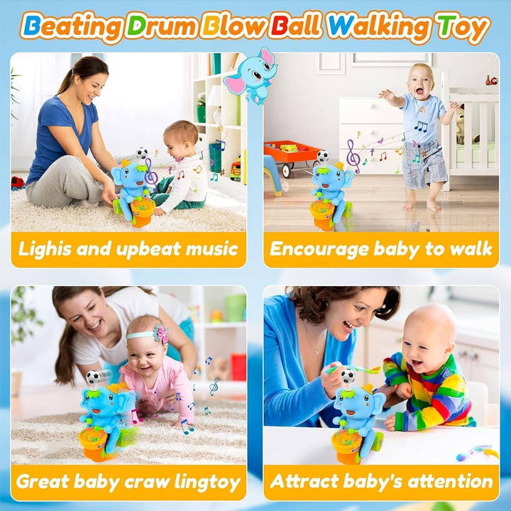 Musikalisches Elefantenspielzeug zum Laufen mit Trommeln und LED-Lichtern, interaktives Babyspielzeu