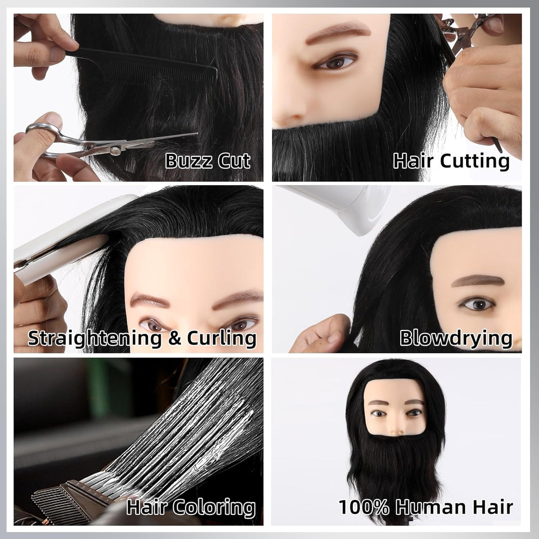 Mann Frisierkopf mit Ständer 100% Echthaar mit Bart Männlich Übungskopf Echthaar Friseur Kopf Puppen