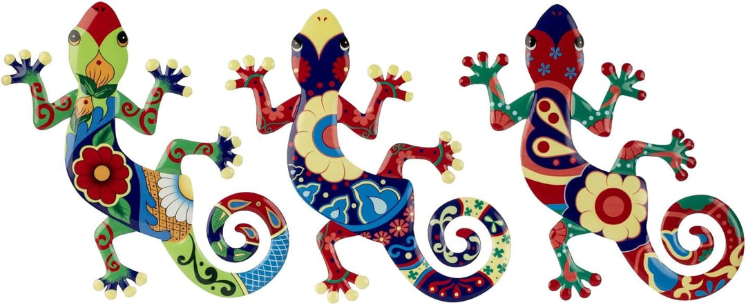 KAMACA 3er Set Metall Gecko Wanddeko bunt – je 35,5 x 22 cm – farbenfrohe Garten Deko zum Hängen – W
