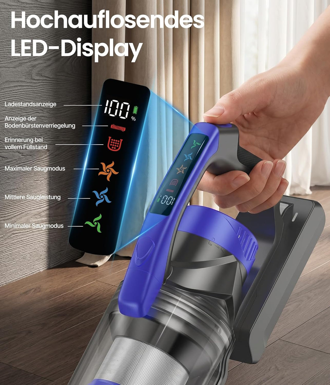 Zoomcat Akku-Staubsauger 600 W, 50 kPa, 70 Min kabellos blau | Tierpflegebürste, 1,4m Schlauch, Wand