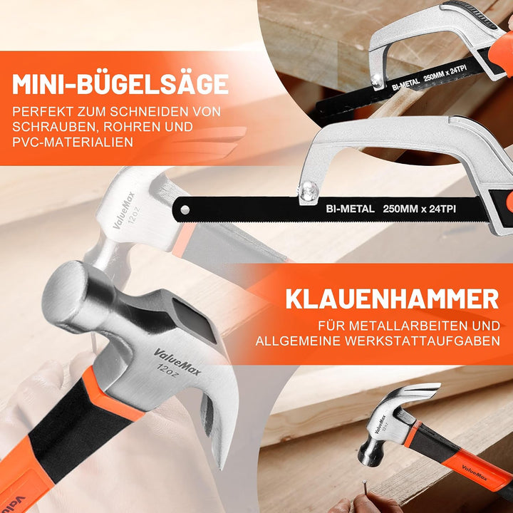 ValueMax Werkzeugset 219tlg, Werkzeugtasche bestückt, tägliche Werkzeuge, Werkzeugsatz für Haushalt,