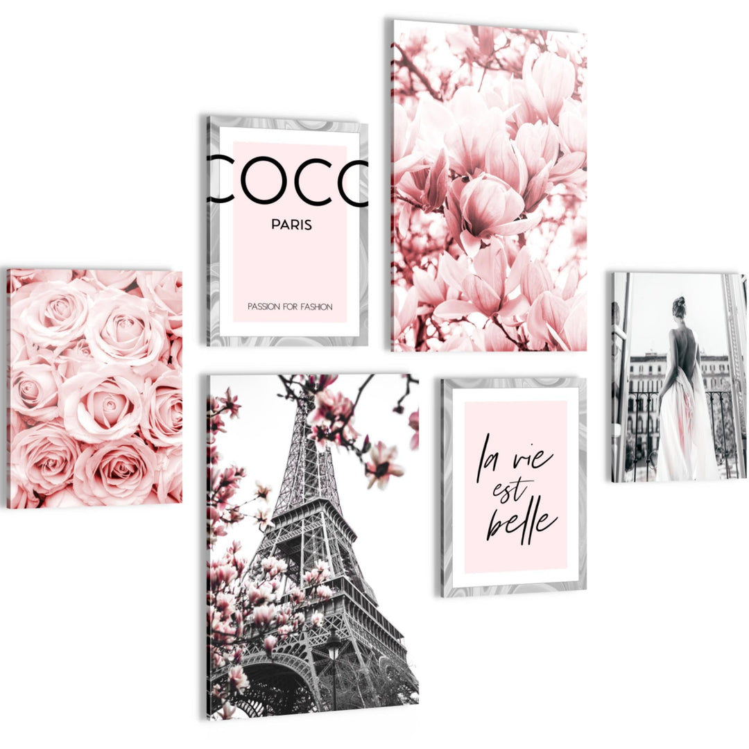 Novart Wandbilder Set Fashion Coco Paris Grau Rosa - KEIN EXTRA RAHMEN BENÖTIGT - Modern Deko - Wohn