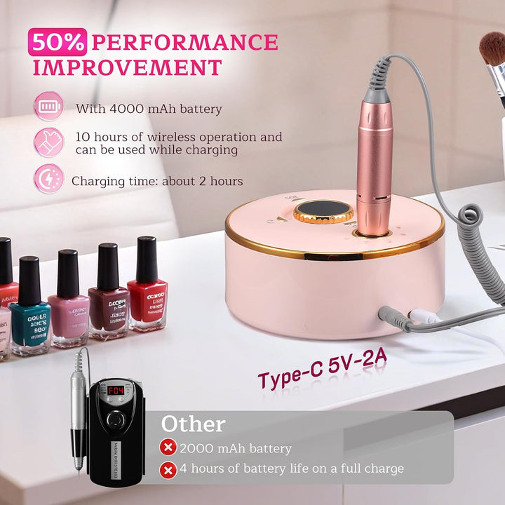 Nagelfräser Akku mit UV-Nageltrockner, 35000U/min Nagelfräser für Gelnägel, 13-in-1 Elektrisch Nagel