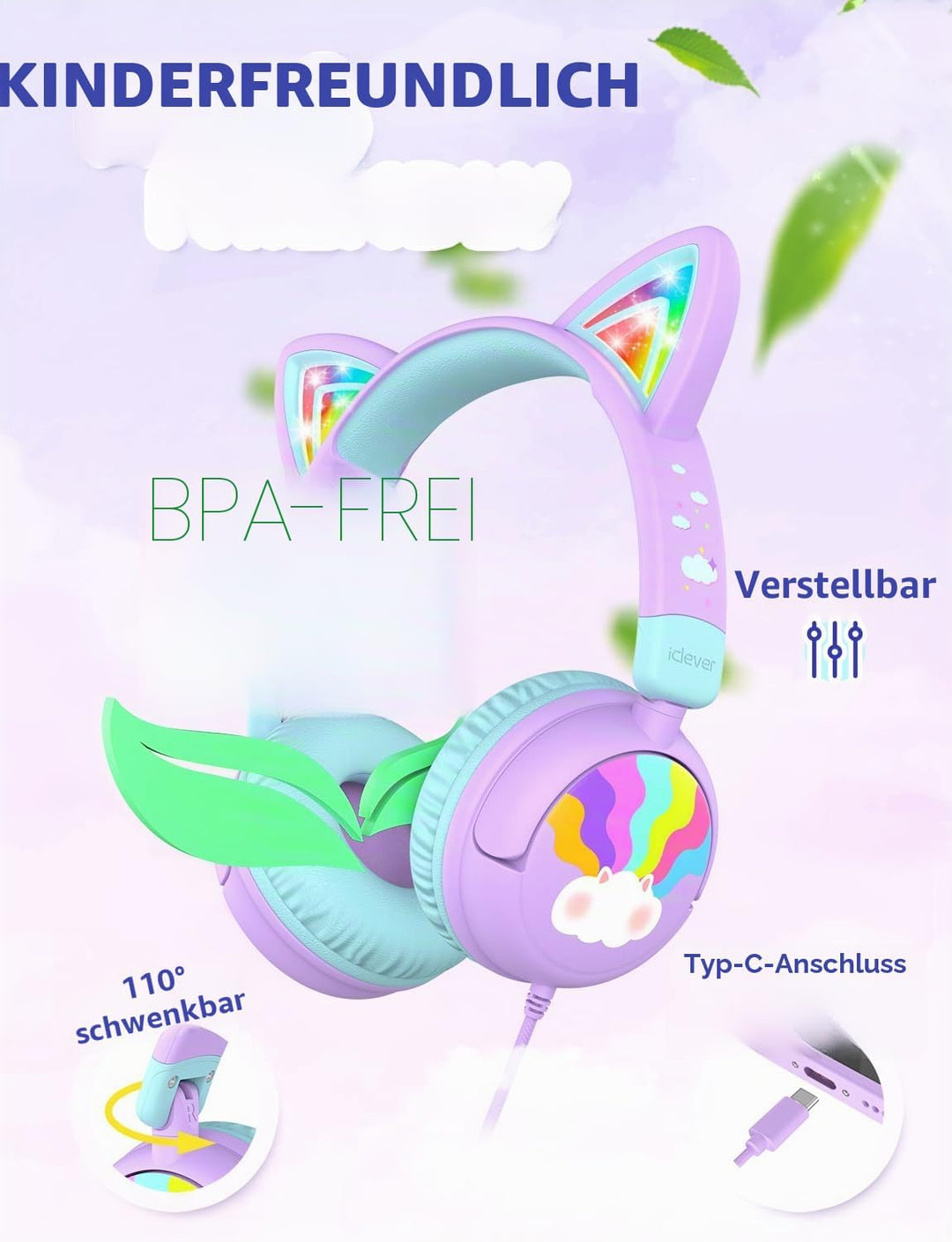 iClever USB Typ C Kinder Kopfhörer, LED Beleuchtetes Katzenohr, 85dBA Sichere Lautstärke, Stereo Sou