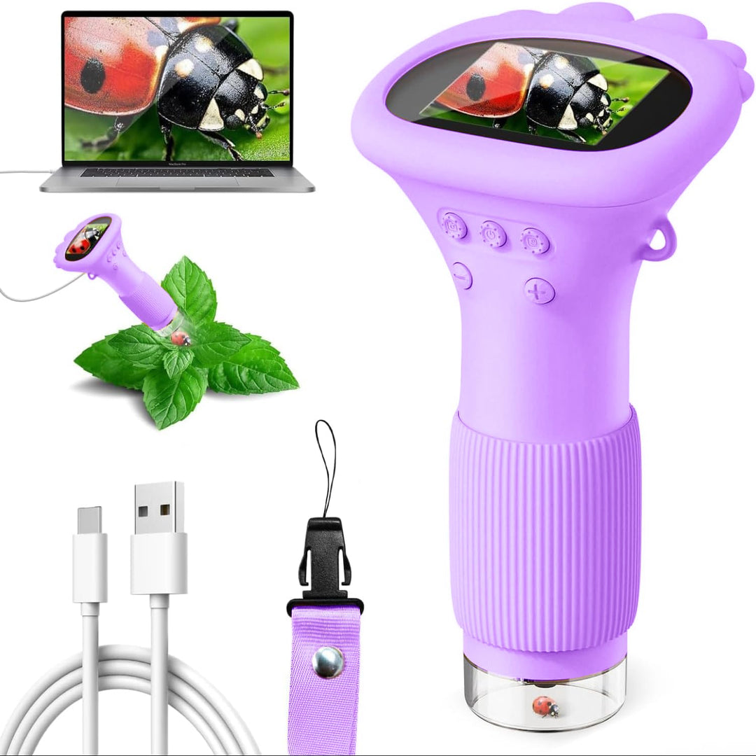 Mikroskop für Kinder, Ashfly 1000X Taschenmikroskop mit 2,0" IPS-Bildschirm USB Microscope Lupe, 8 L