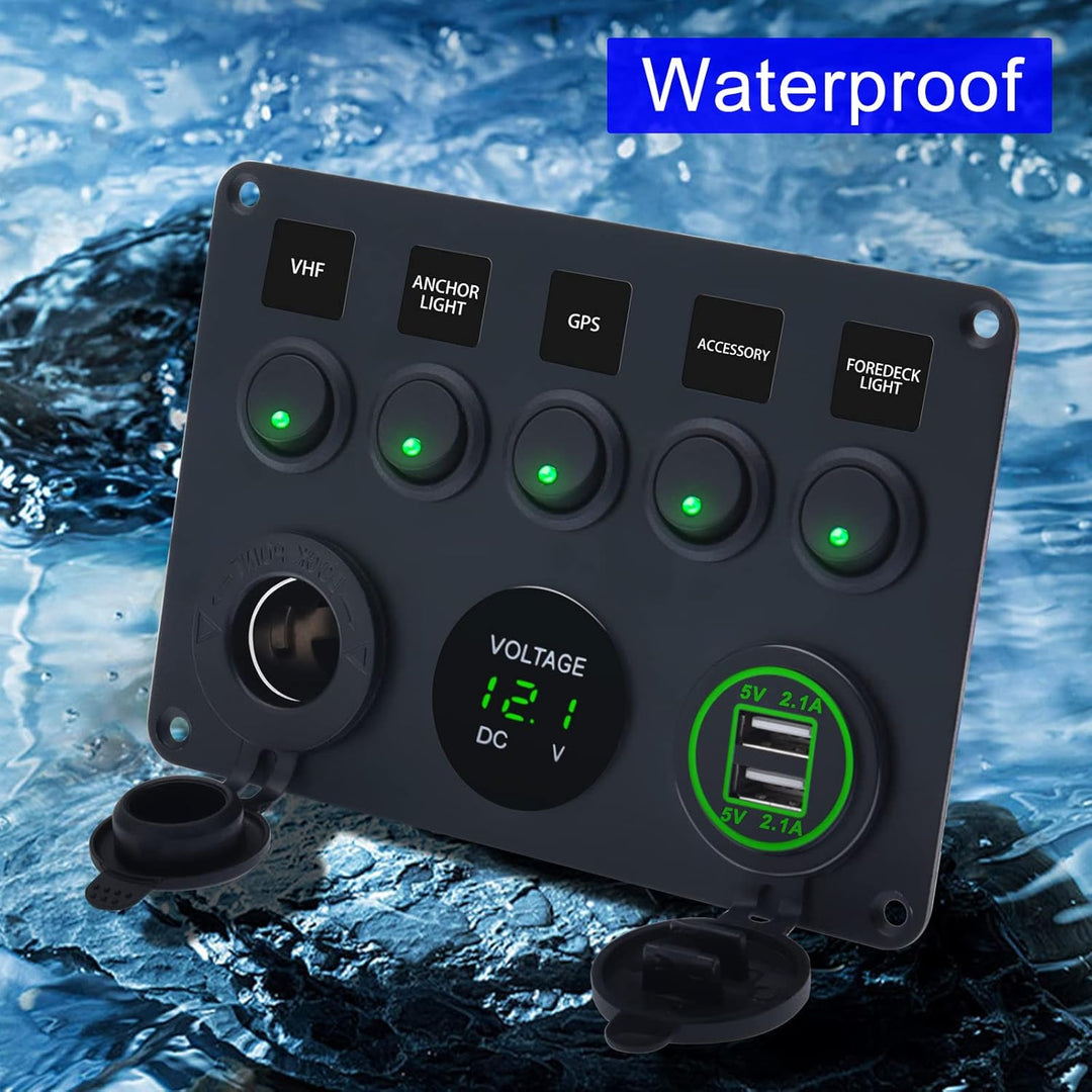 KAOLALI Schaltpanel 12V/24V Kippschalter 5 Gang IP65 Wasserdicht + 4.2A Dual USB Ladegerät + Zigaret
