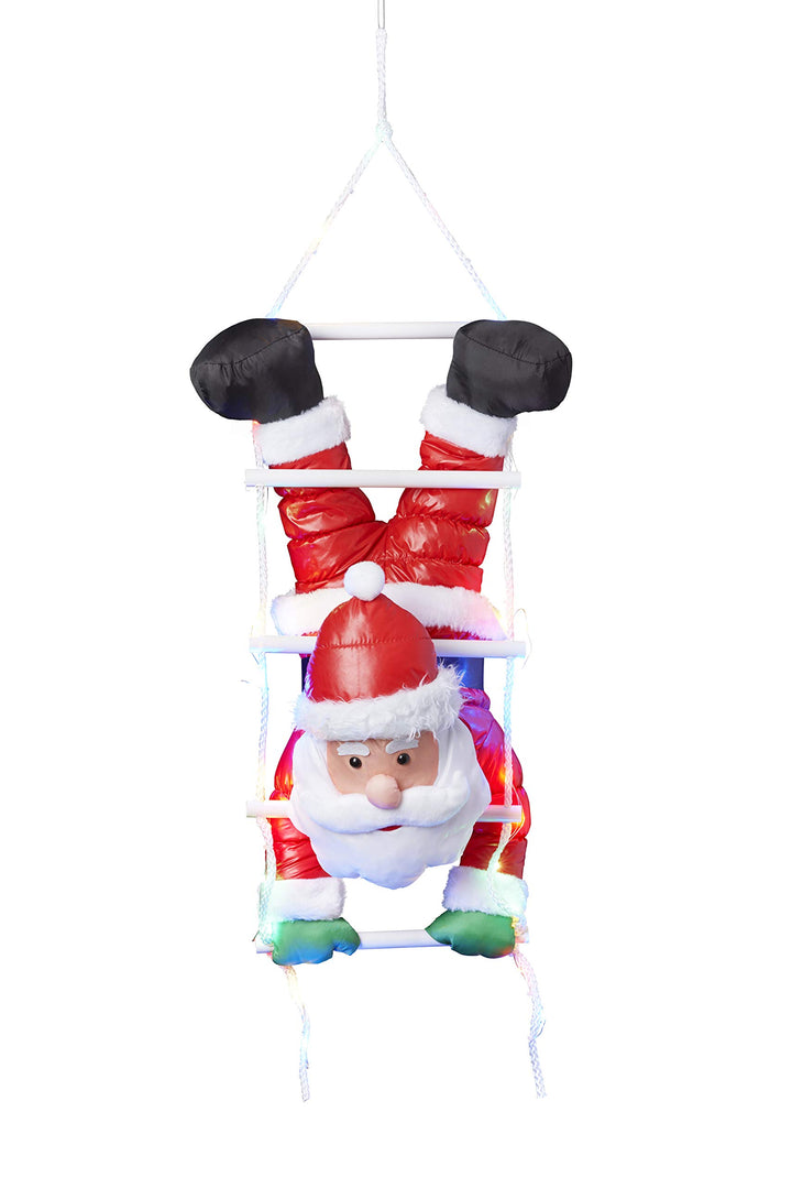 Bonetti Weihnachtsmann kopfüber auf Strickleiter, die Leiter ist mit 30 bunten LEDs beleuchtet, klet