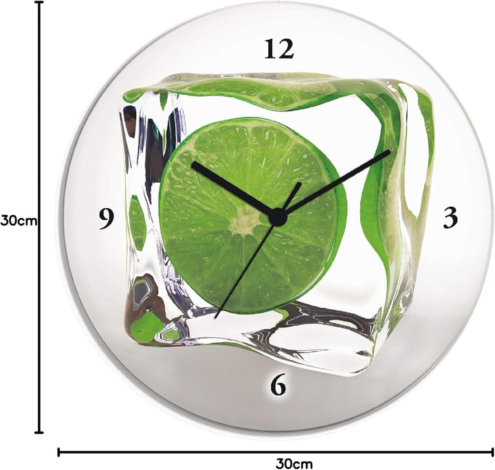 ARTLAND Wanduhr ohne Tickgeräusche Glas Quarzuhr Ø 30 cm Rund Lautlos Obst Früchte Limette im Eiswür