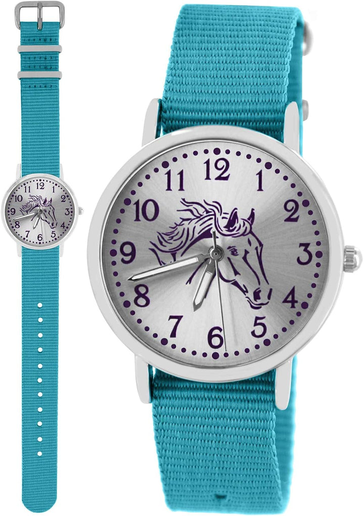 Pacific Time Mädchen Uhr Pferde analog Quarz mit Textil Wechselarmband hell blau