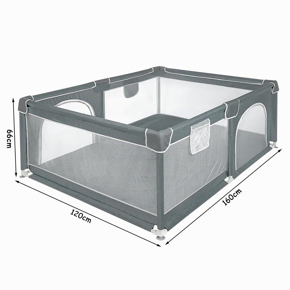 Laufstall Baby 120x160 cm – Baby Laufgitter aus Oxford Stoff mit Netz, rutschfest, mit Aufbewahrungs