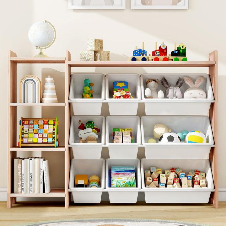 MALLBEST Bücherregal Kinder aus Massivholz – Kinderregal mit 4 Ebenen, 9 Aufbewahrungsboxen und 3 Fä
